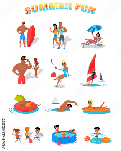 Summer Holidays Color Icons with People