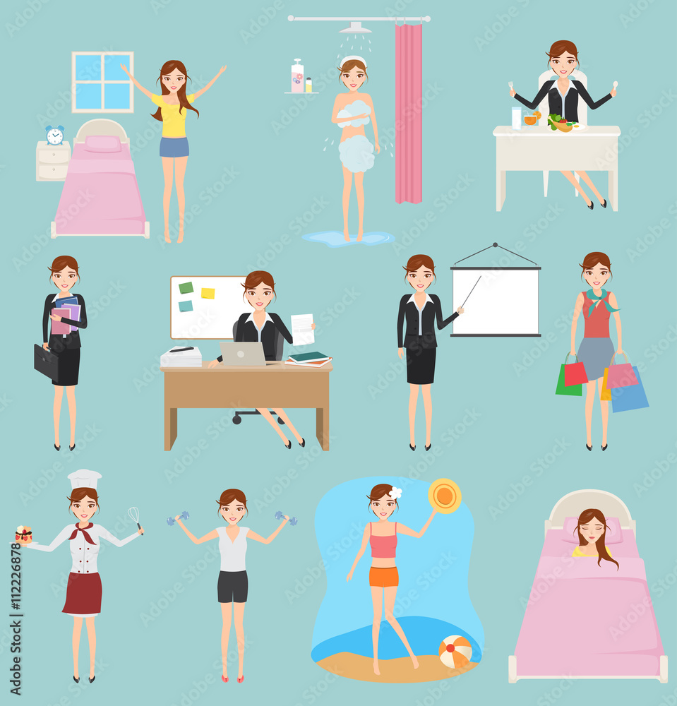 Daily routine of business people office character. Woman charact Stock  Vector | Adobe Stock