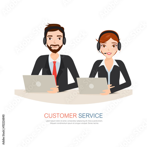 Male and female call center avatar icons with a faceless man and