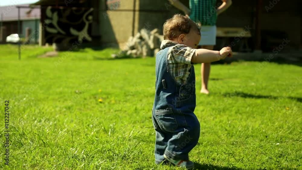 First steps baby with mother in yard in at the village
First steps baby with mother in yard in at the village