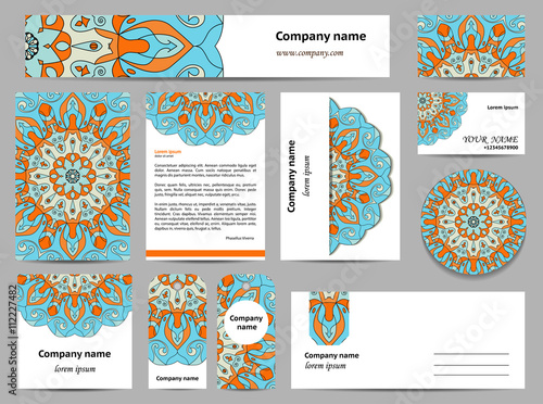 Stationery template design with green mandalas.