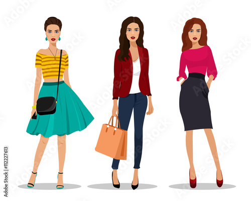 Beautiful young women in fashion clothes. Detailed women characters with accessories. Flat style vector illustration.