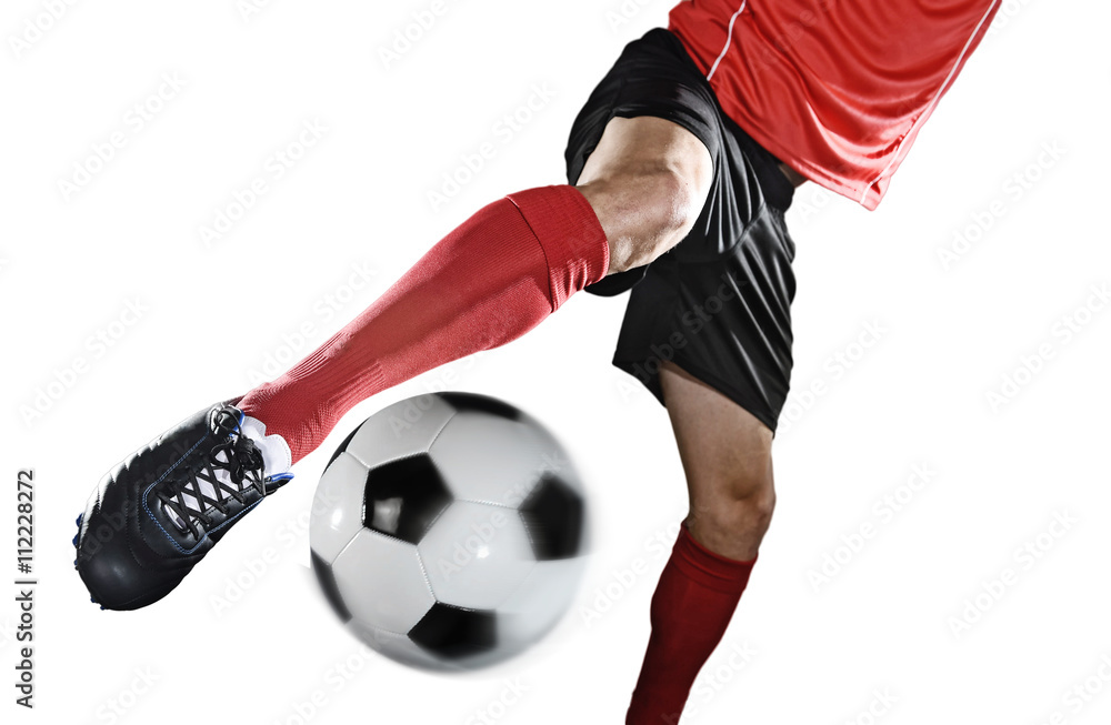 Close Up Legs And Soccer Shoe Of Football Player In Action Kicking Ball Isolated On White Background Stock Photo Adobe Stock