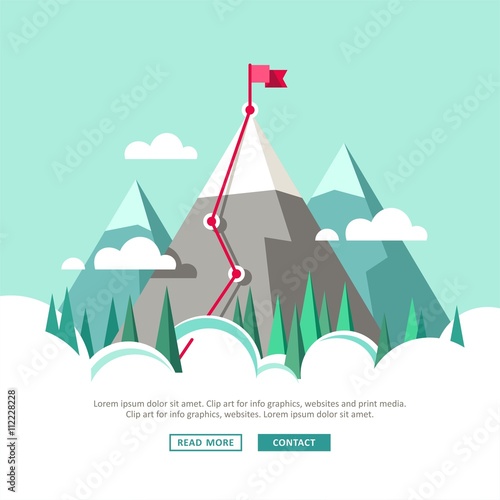 Business concept, goal achievement, success, victory. Route with flag. Flat style, vector illustration.