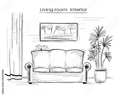 Sketchy interior illustration of living room.Vector hand drawing