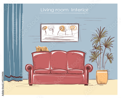 Color sketchy interior illustration of living room.Vector hand d