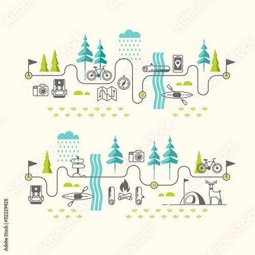 Summer vacation in nature. Hiking trail. Vector concept illustrations with icons of travel and vacation.
