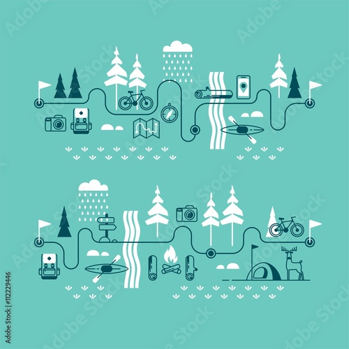 Summer vacation in nature. Hiking trail. Vector concept illustrations with icons of travel and vacation.