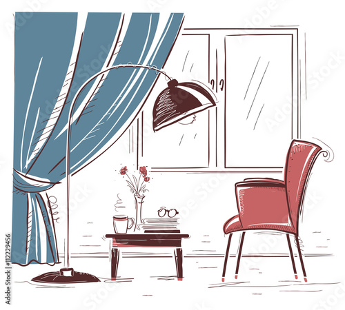 Interior hand draw illustration of living room with armchair and