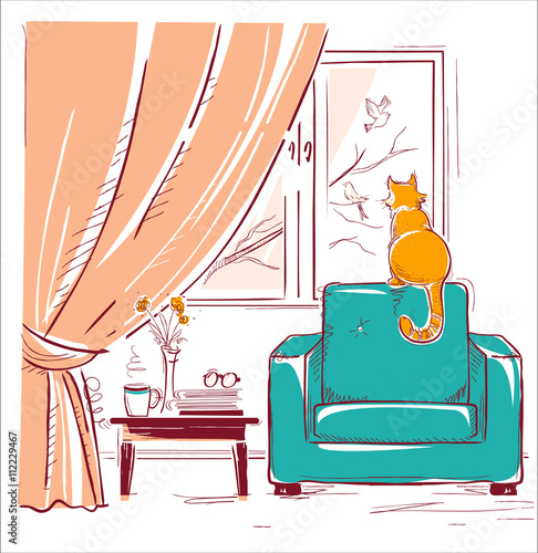 Red cat watching birds near the window.Interior room with modern