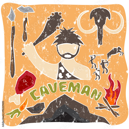 vector grunge poster of paleo food and caveman theme