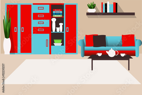Living room interior in bright colors vector illustration. Wardrobe, table, sofa and plants. The interior of the house. Furniture for the living room