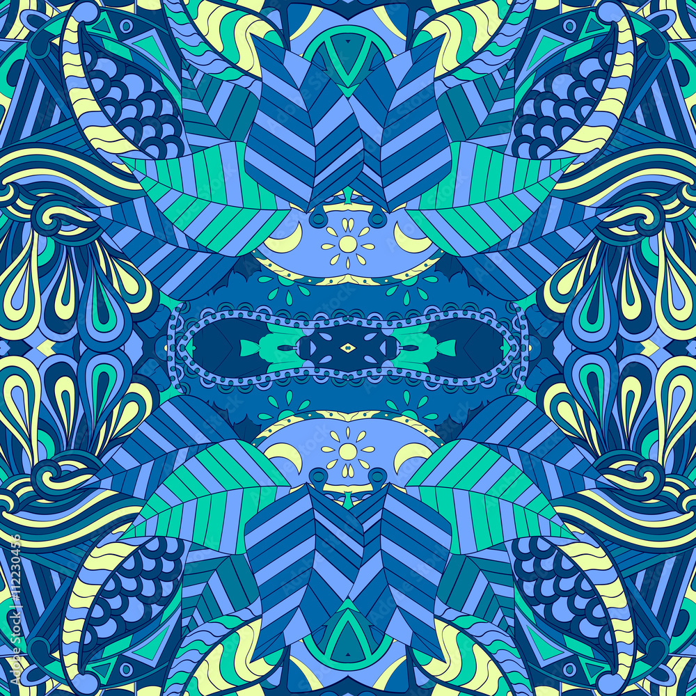 Fototapeta Tracery colorful pattern. Mehendi symmetry carpet design. Ethnic colorful doodle texture. Indifferent discreet. Curved doodling mehndi motif. Vector.
