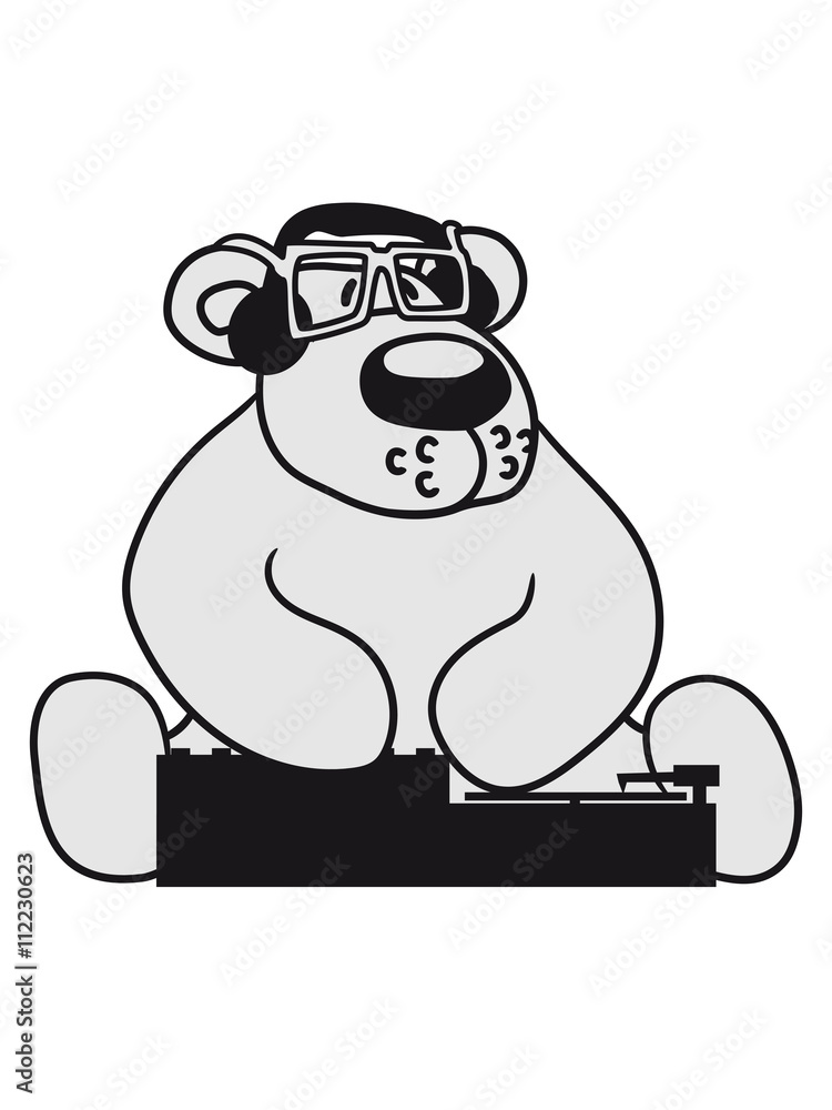Fototapeta premium dj party music dance club mischpult glasses celebrate headphones cool plate discounted polar bear sitting sweet cute comic cartoon teddy bear dick big