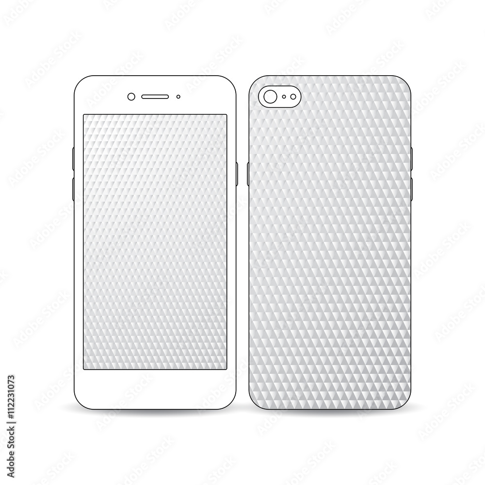 White mobile smartphone with an example of the screen and cover design isolated on white. Abstract colorful polygonal background, modern stylish triangle vector texture White mobile smartphone with an example of the screen and cover design isolated on white. Abstract colorful polygonal background, modern stylish triangle vector texture