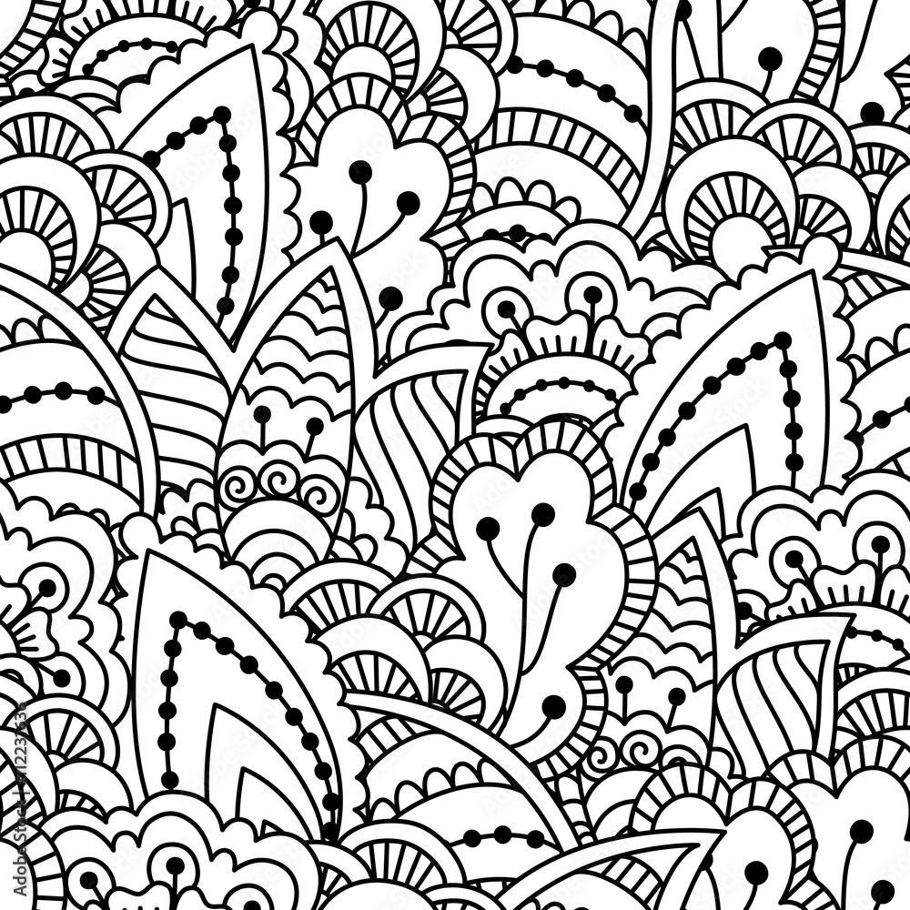 Fototapeta Seamless black and white background. Floral, ethnic, hand drawn elements for design. Good for coloring book for adults or design of wrapping and textile.