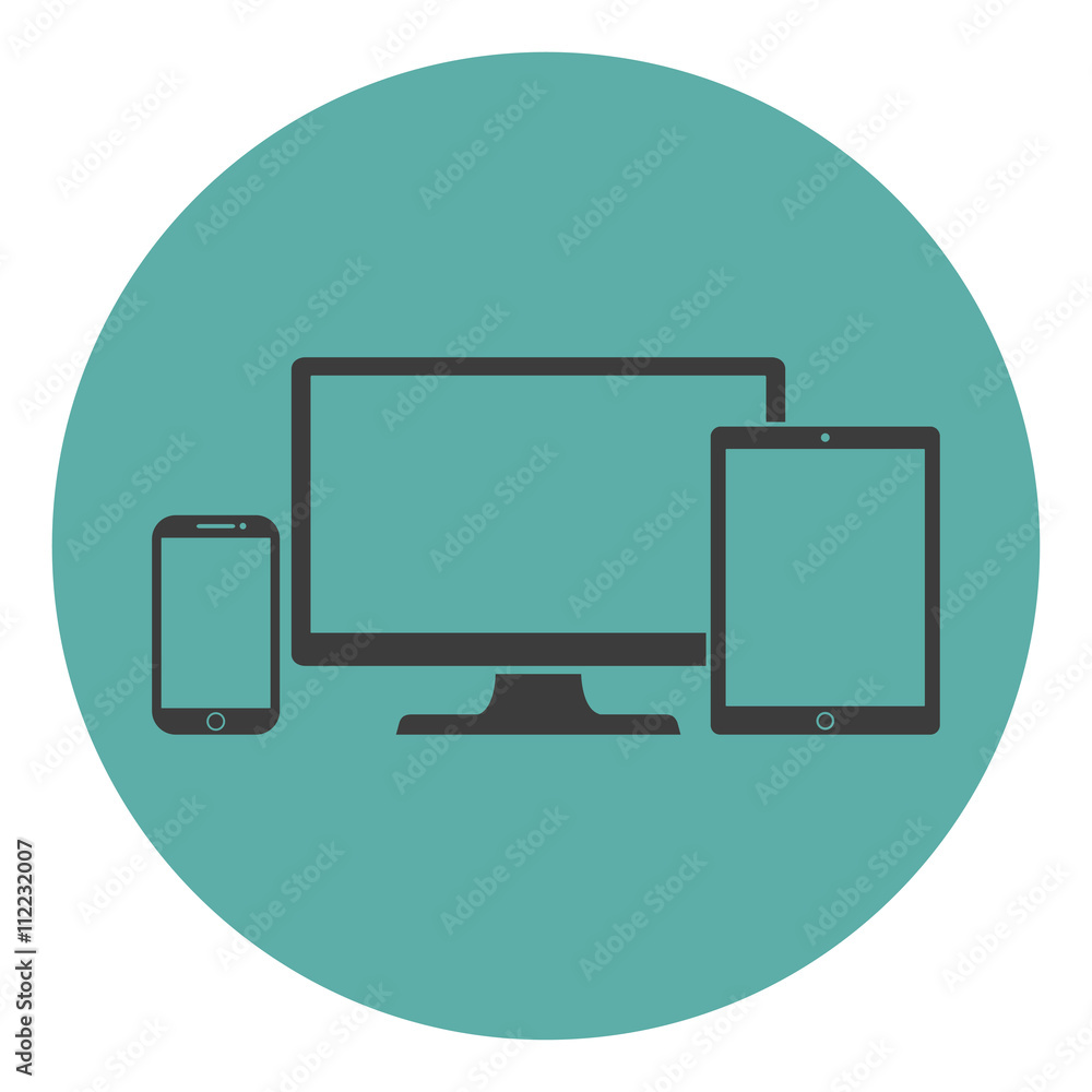 Device Icons: isolated smart phone, tablet and desktop computer flat style on a green background. Stylish vector illustration of responsive web design. Device Icons: isolated smart phone, tablet and desktop computer flat style on a green background. Stylish vector illustration of responsive web design.