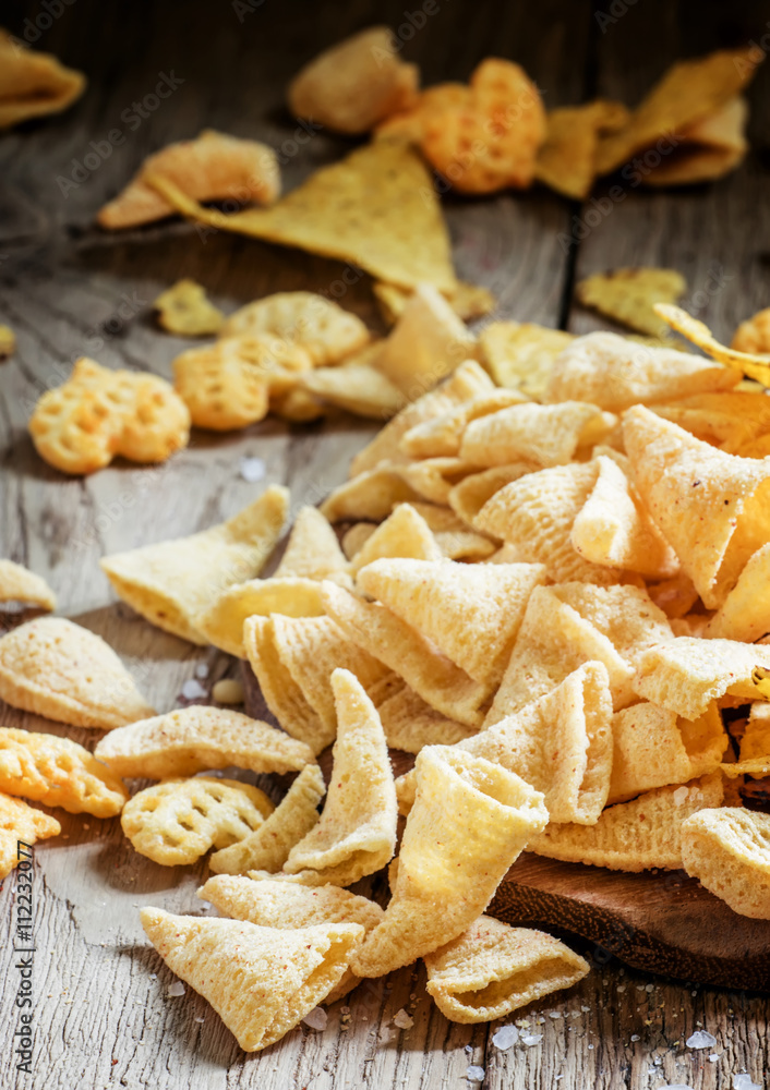 Bongs, corn chips in the form of cones with salt, vintage wooden Bongs, corn chips in the form of cones with salt, vintage wooden
