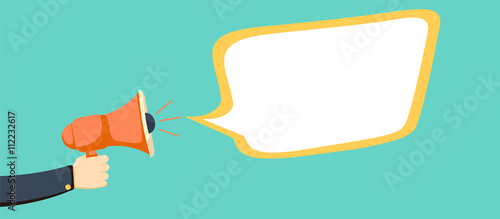 Hand holding megaphone with blank speech bubble.