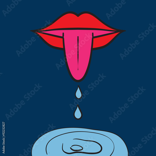 Retro Print Women mouth open with tongue Out saliva dribbles on blue background and place for text.