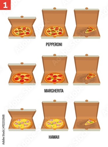 Whole pizza and slices of pizza in open and semi-open white box. Pepperoni, Hawaiian, Margherita. Vector isolated flat illustration for poster, menus, brochure, web and icon.