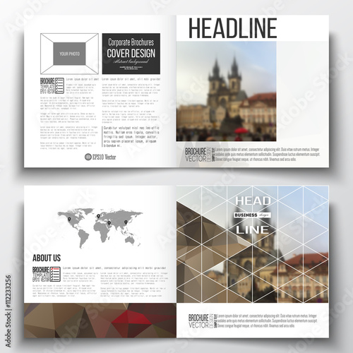 Vector set of square design brochure template. Polygonal background, blurred image, urban landscape, Prague cityscape, modern triangular texture