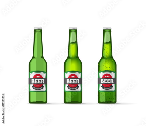 Beer bottles cider green vector illustration, realistic empty lager ale beer bottle, full glass bottle and cold beer bubble bottle isolated on white background sticker