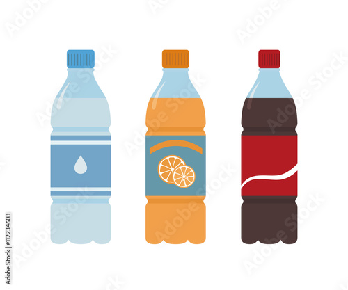 Plastic bottle of water. Orange, water and cola. Isolated on white background
