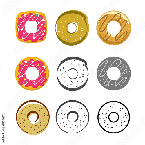 Donuts vector icons set isolated on white background, flat glazed donut, cartoon pink cream donuts, drawing donut, collection of sweet icing donuts