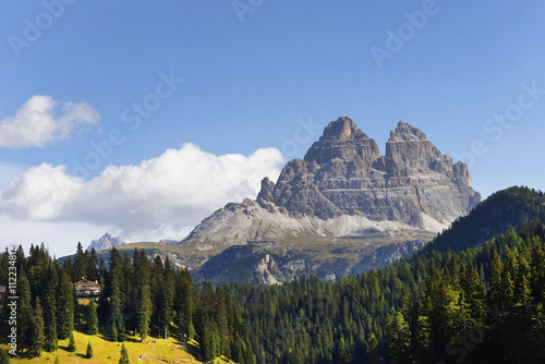 The Tre Cime di Lavaredo (Three Peaks) seen from Misurina lake, the Dolomites Mountains, Italy, Europe, sept. 2015