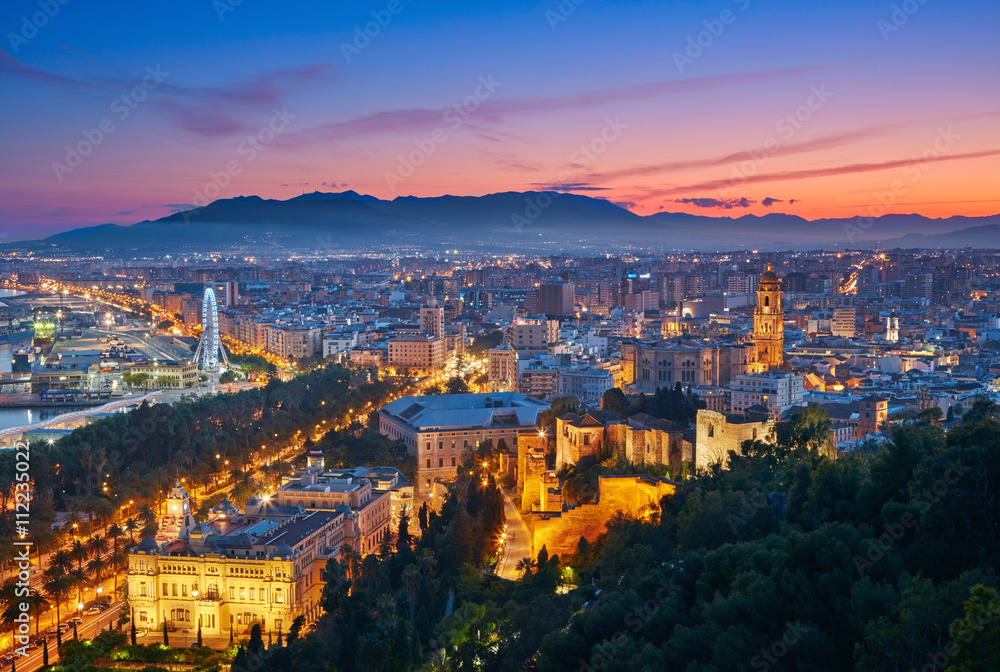 Sunset view of Malaga, Spain