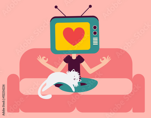 Zen TV Head Person Meditating on Sofa with Cat