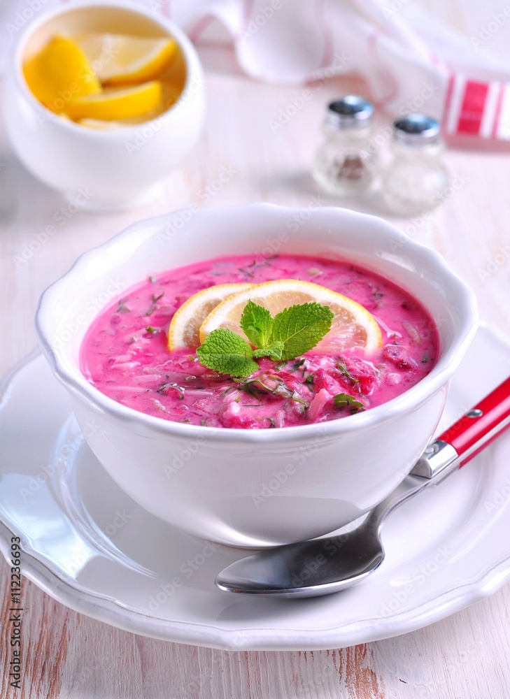 Cold summer soup made from boiled beets, eggs, cucumber, green onions and sour cream. Russian tradition. Cold summer soup made from boiled beets, eggs, cucumber, green onions and sour cream. Russian tradition.