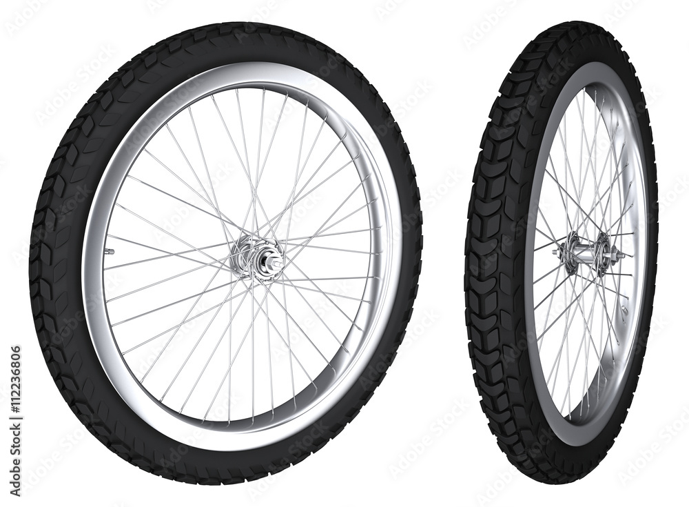 Naklejka premium Bicycle wheel with spokes and off-road tire. 3d illustration. Isolated on white.
