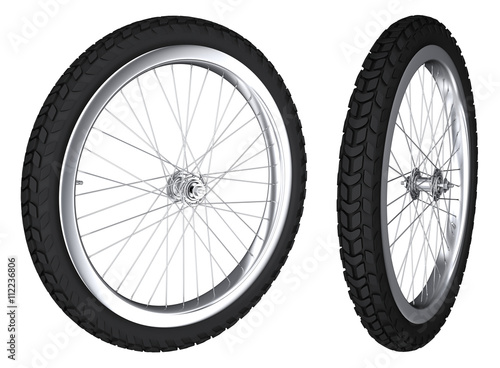 Bicycle wheel with spokes and off-road tire. 3d illustration. Isolated on white.