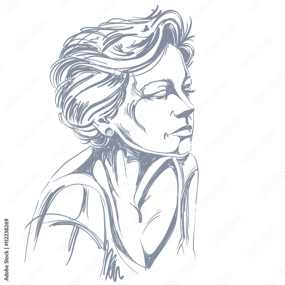 Hand-drawn portrait of white-skin sad woman, face emotions theme