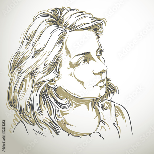 Vector drawing of peaceful woman with stylish haircut. Black and