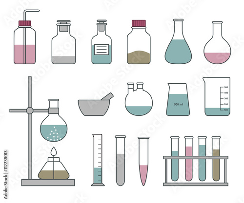 Chemical glassware icons set on a white background. Flat styled vector illustration. 
