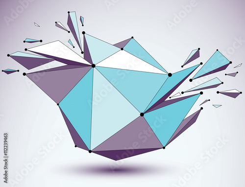 Vector dimensional blue wireframe object, demolished shape with