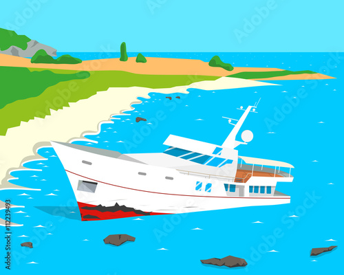 Due to the negligence of the captain of a tourist ship ran aground. Vector illustration