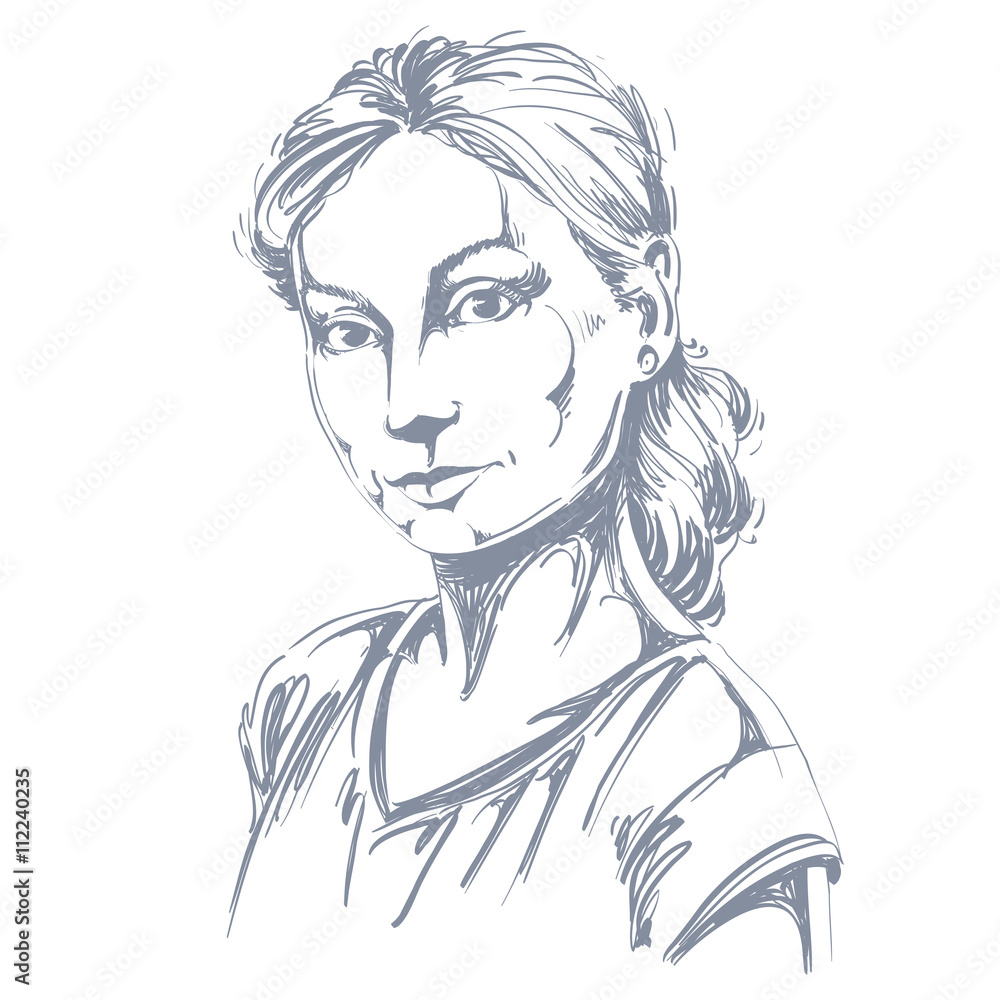 Hand-drawn art portrait of white-skin romantic woman, face emoti Hand-drawn art portrait of white-skin romantic woman, face emoti