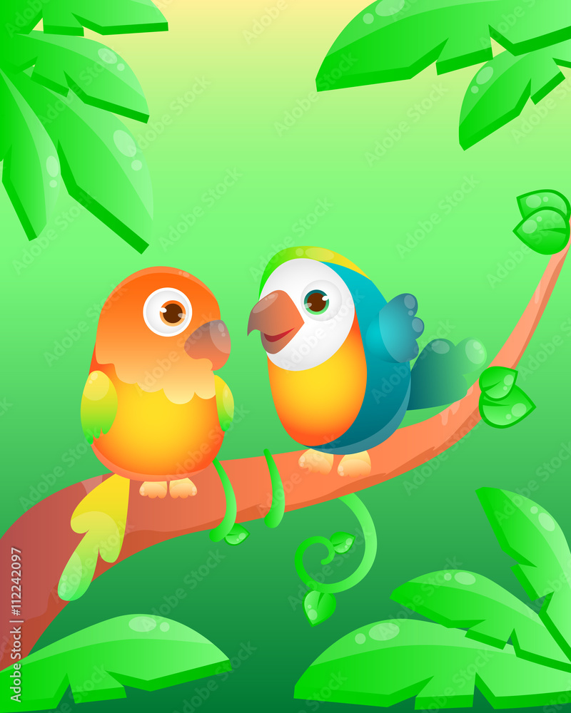 Fototapeta premium Couple of cute parrot on a jungle background. Vector illustration