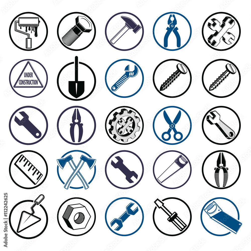 Stylized vector industrial icons, 3d work tools collection. Set Stylized vector industrial icons, 3d work tools collection. Set