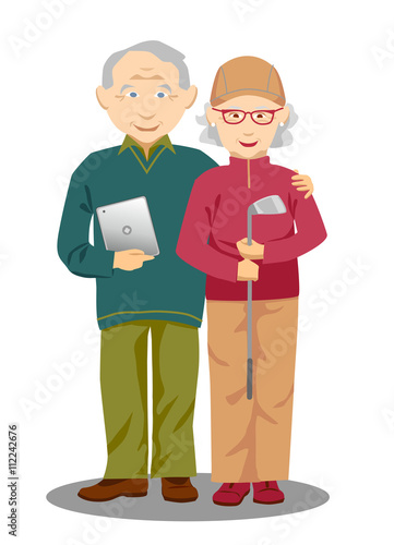 Active elderly couple holding tablet computer and golf club