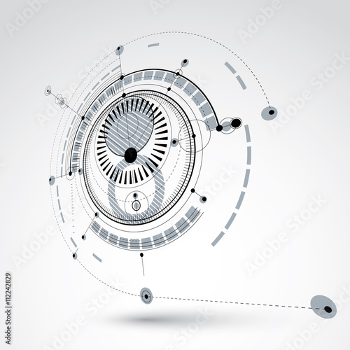 Three-dimensional mechanical scheme, monochrome vector engineeri