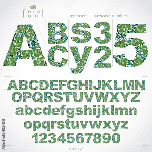 Floral font and numbers, hand-drawn vector alphabet letters deco