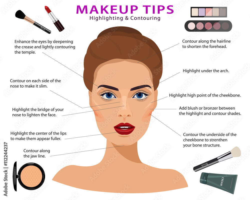 Set of makeup tips. Detailed realistic woman face with cosmetics. Make up techniques: and Flat style vector illustration. Stock Vector | Adobe Stock