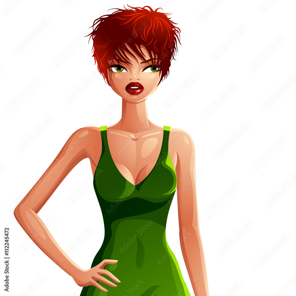 Bright drawing of a gorgeous red-haired sexy Caucasian lady wear Bright drawing of a gorgeous red-haired sexy Caucasian lady wear