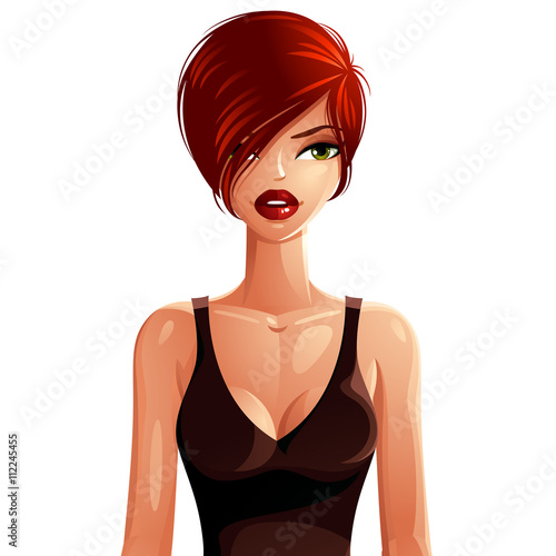 Attractive white-skin woman, upper body portrait. Colorful drawi
