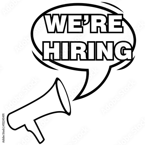 Black and White icon of Megaphone and Text We Are Hiring